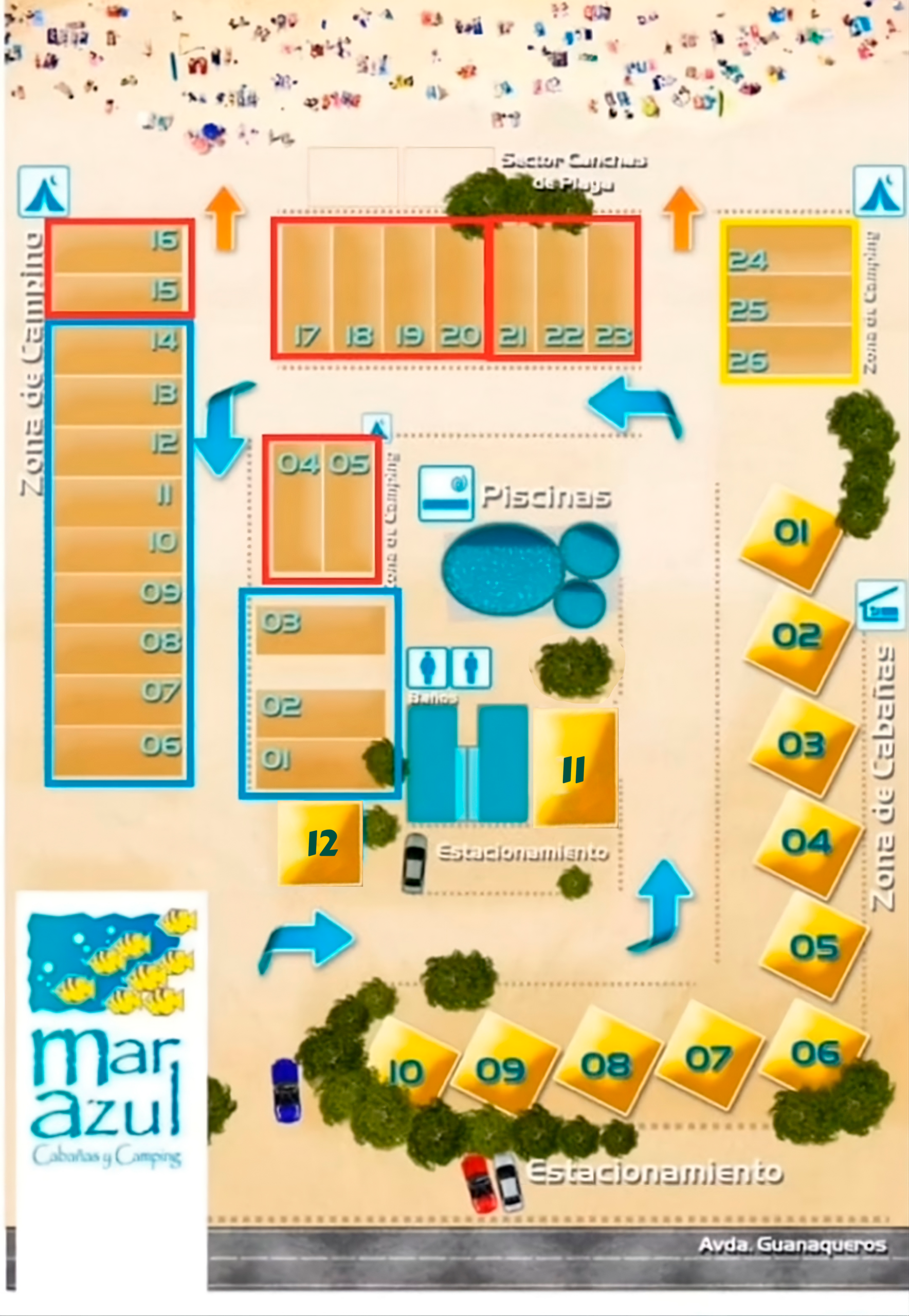 Plano de ubicación de sitios y cabañas Mar Azul